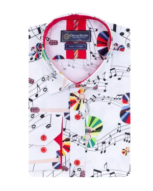 White Musical Print Shirt with Matching Handkerchief