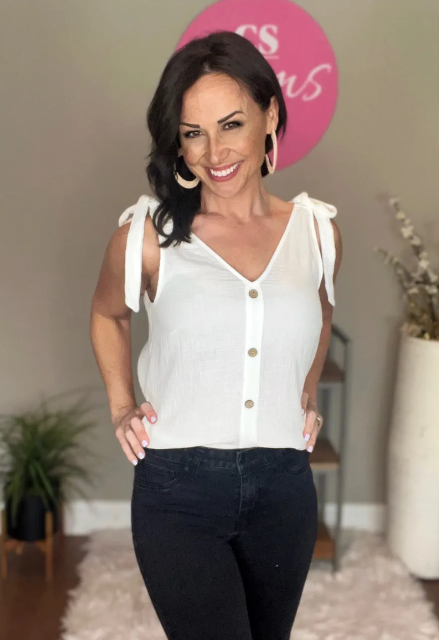 White Textured V-Neck Tie Strap Top