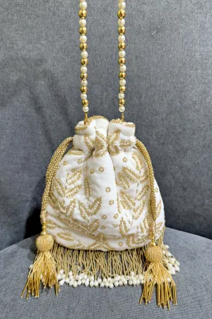 White Velvet Pearl & Beads Embellished Wedding Day Potli Bag