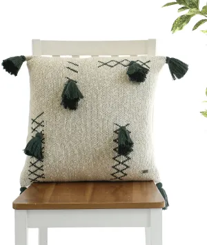 Willow Cotton Knitted Decorative Natural & Charcoal Green Color 18 x 18 Inches Cushion Cover
