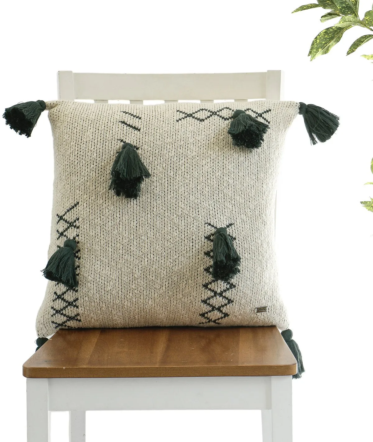Willow Cotton Knitted Decorative Natural & Charcoal Green Color 18 x 18 Inches Cushion Cover