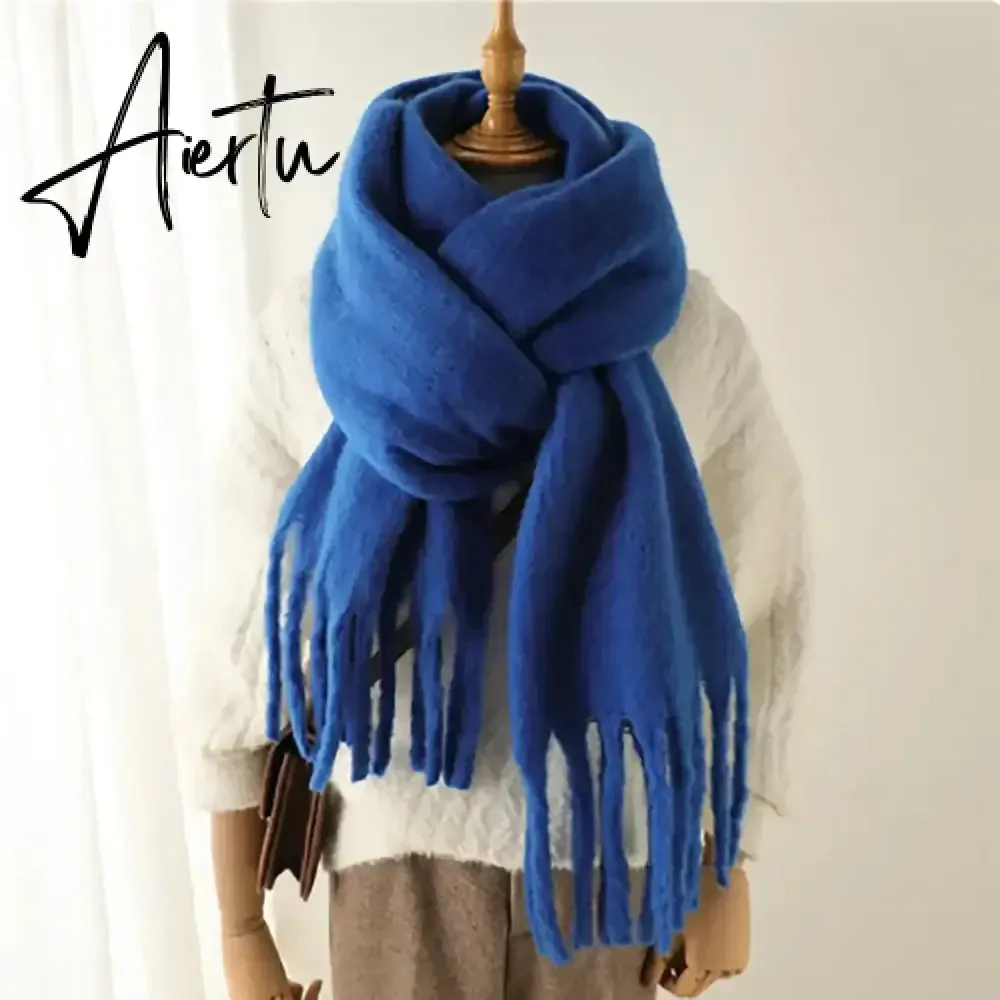 Winter Scarf Women Luxury Autumn Winter Cashmere Scarf Thickened Warm Shawl Classic Tassels Fluffy Scarf Solid Color Soft Shawl