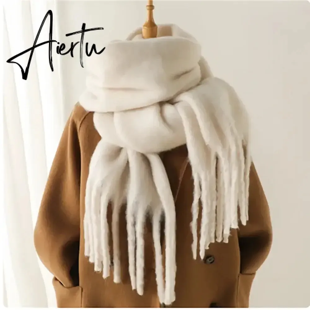 Winter Scarf Women Luxury Autumn Winter Cashmere Scarf Thickened Warm Shawl Classic Tassels Fluffy Scarf Solid Color Soft Shawl