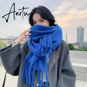 Winter Scarf Women Luxury Autumn Winter Cashmere Scarf Thickened Warm Shawl Classic Tassels Fluffy Scarf Solid Color Soft Shawl