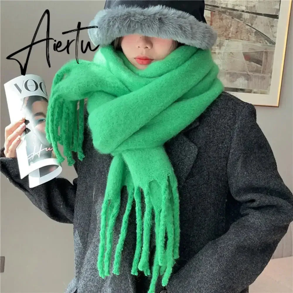 Winter Scarf Women Luxury Autumn Winter Cashmere Scarf Thickened Warm Shawl Classic Tassels Fluffy Scarf Solid Color Soft Shawl