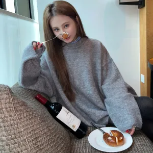Wjczt  New Autumn and Winter Loose Skin-Friendly Solid Color round Neck Knitted Lazy Outer Wear Pullover Thickened Soft Glutinous Sweater for Women