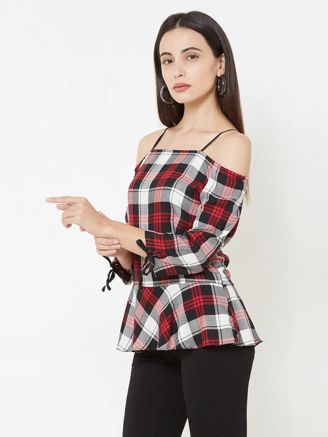 Women Checked Cold-Shoulder Peplum Top