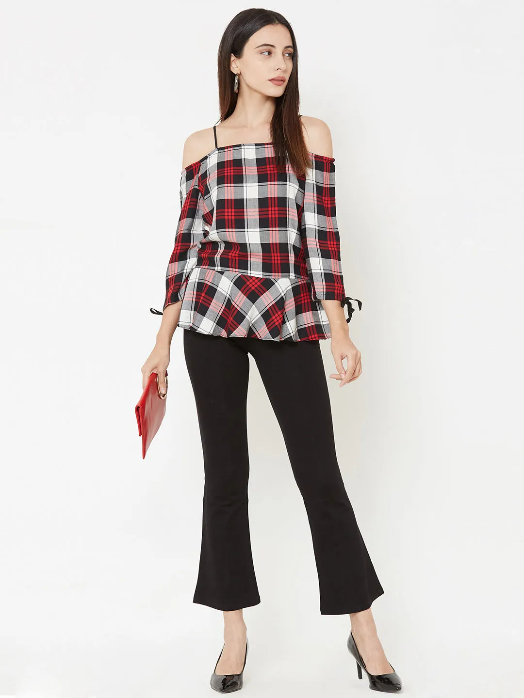 Women Checked Cold-Shoulder Peplum Top