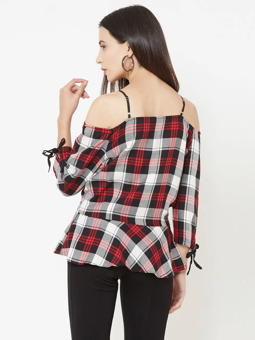 Women Checked Cold-Shoulder Peplum Top