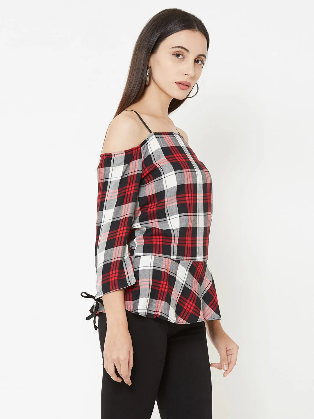 Women Checked Cold-Shoulder Peplum Top