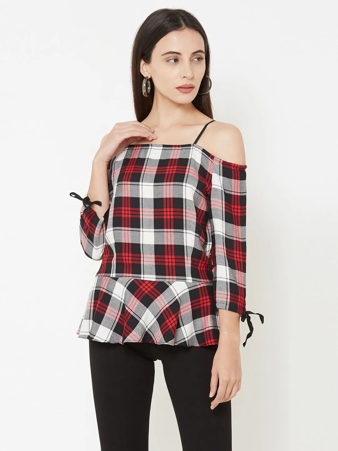 Women Checked Cold-Shoulder Peplum Top