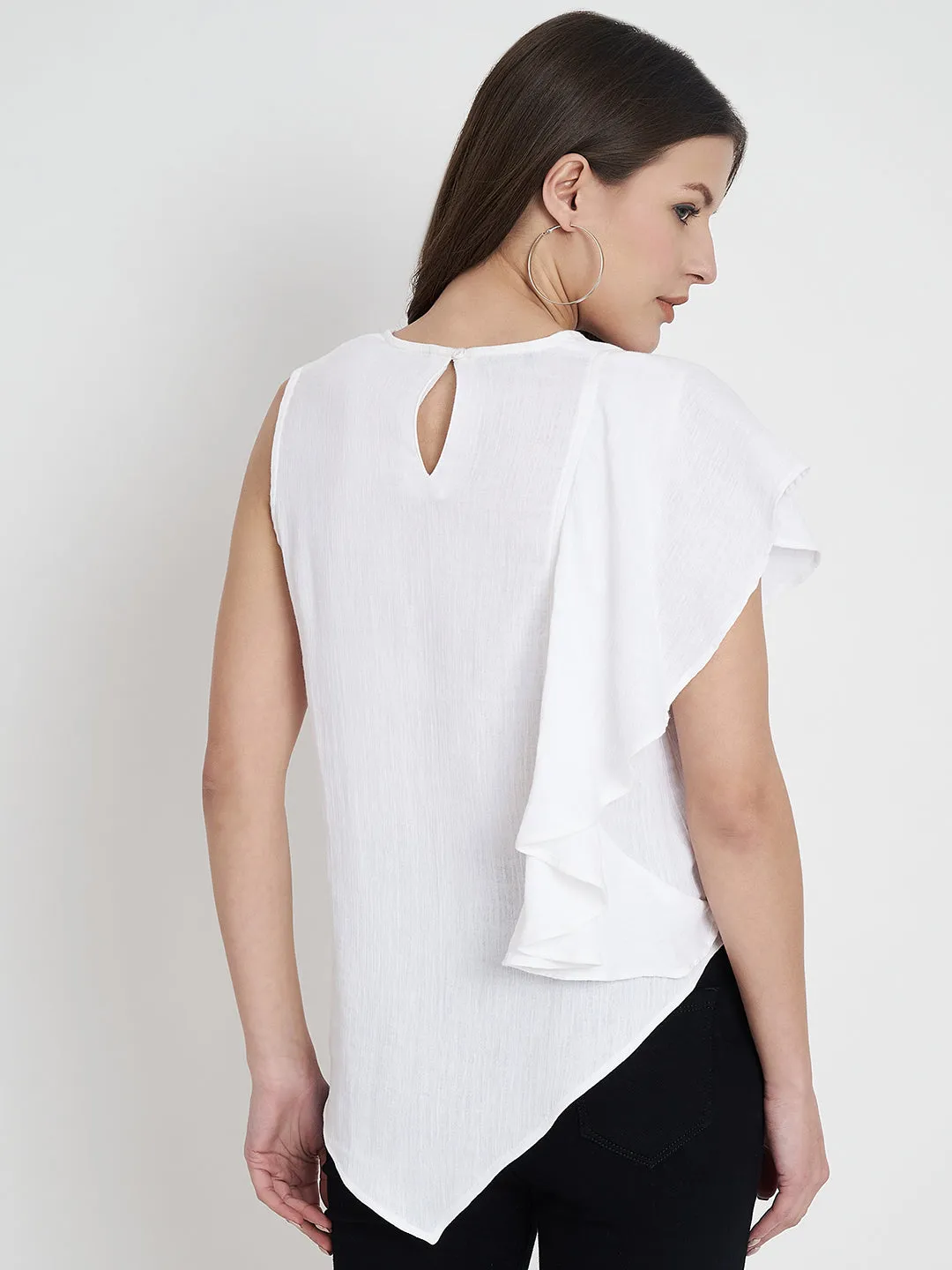 Women Flutter Sleeve Round Neck Cotton Top