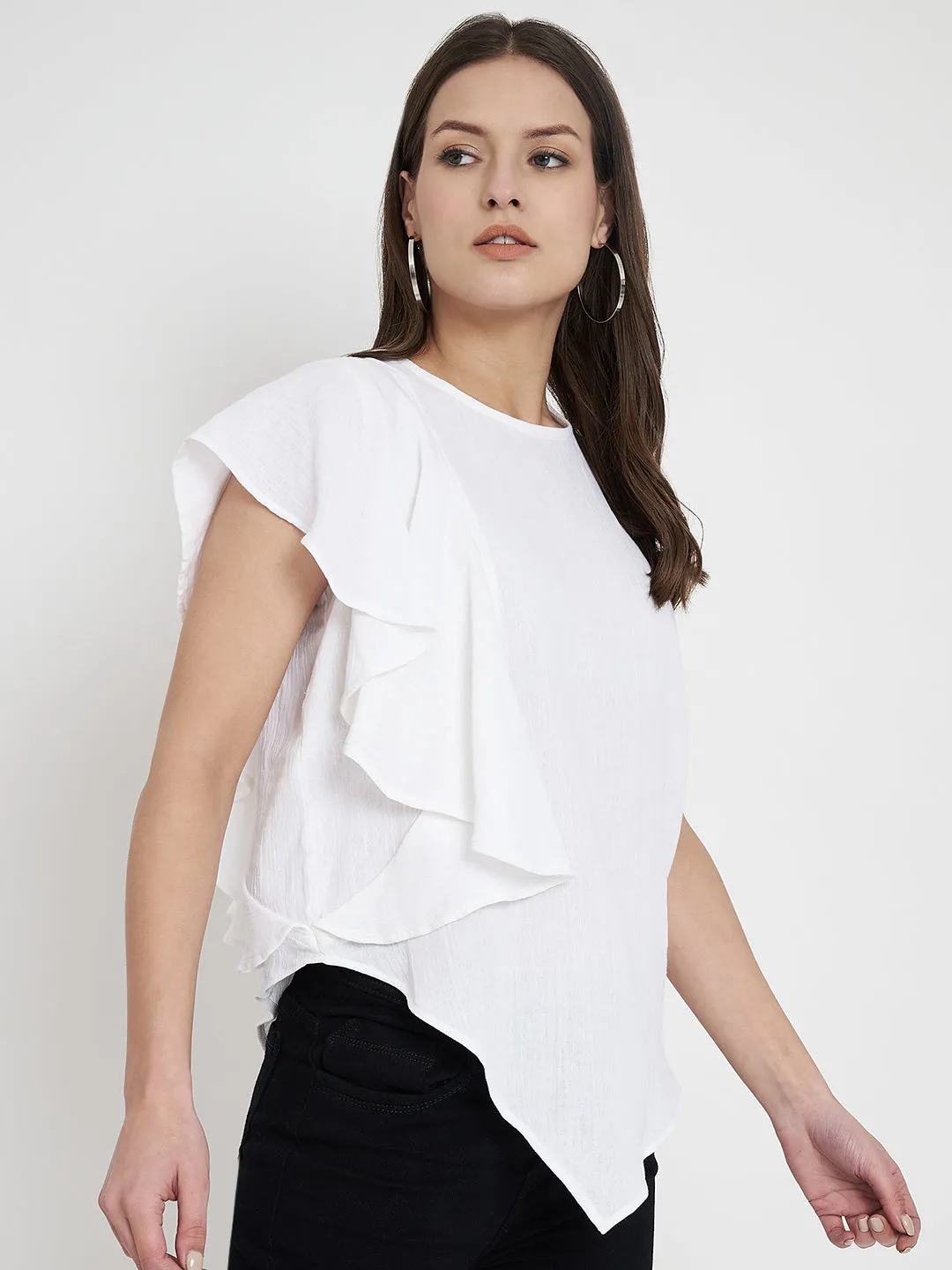 Women Flutter Sleeve Round Neck Cotton Top