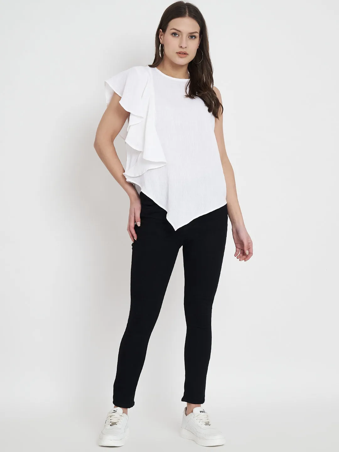 Women Flutter Sleeve Round Neck Cotton Top