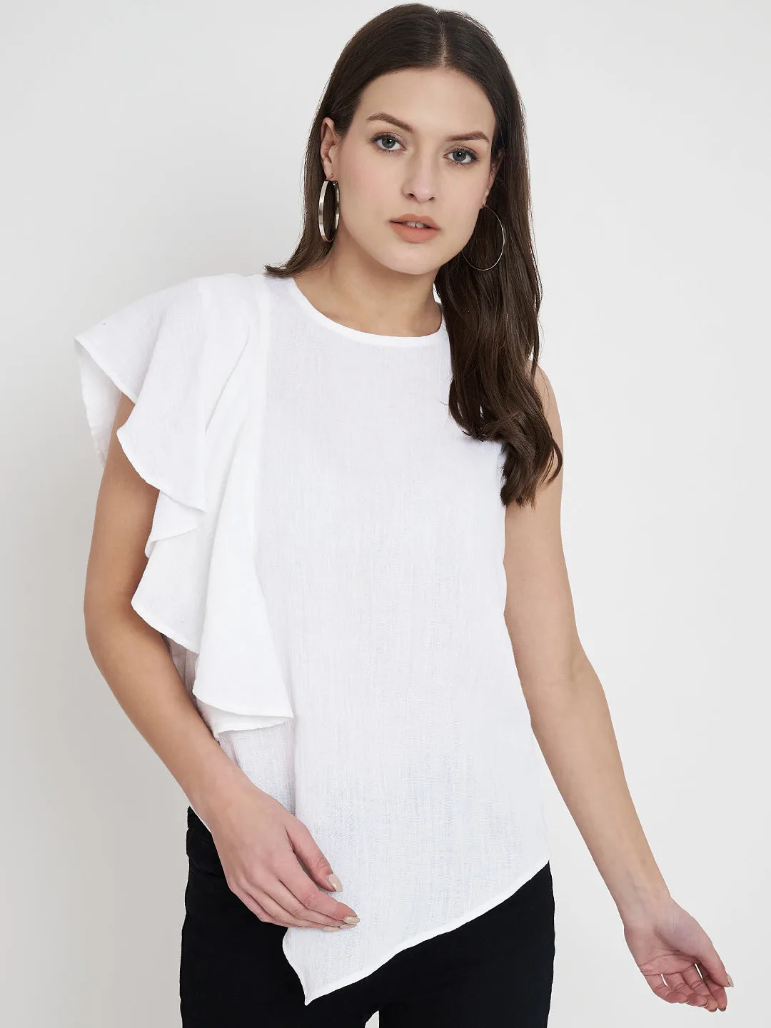 Women Flutter Sleeve Round Neck Cotton Top