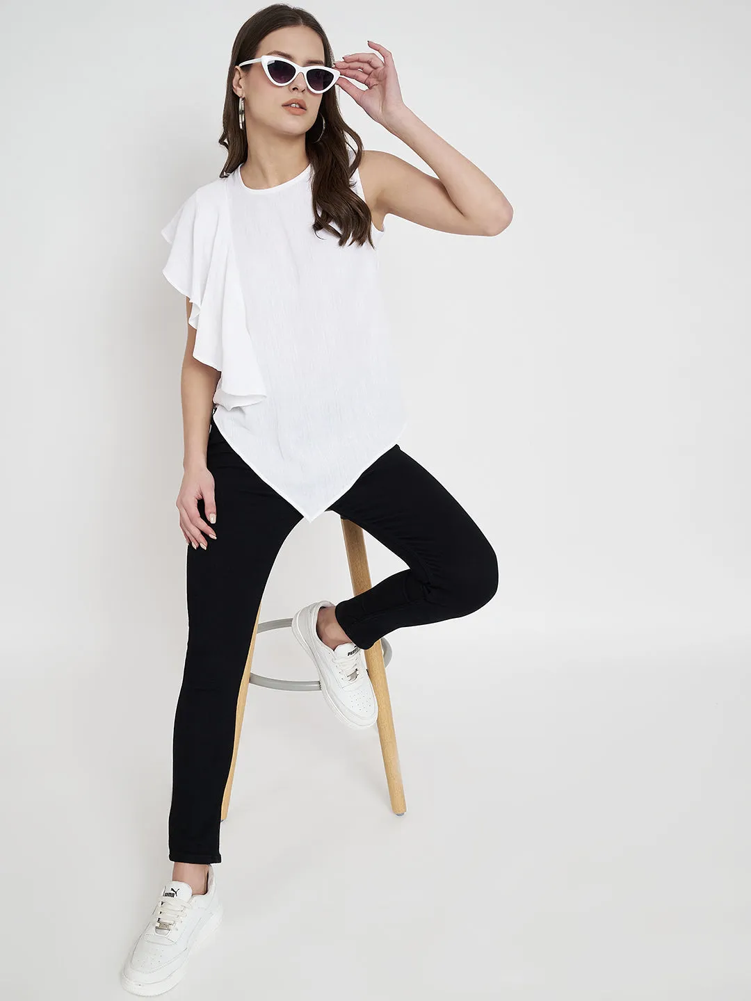 Women Flutter Sleeve Round Neck Cotton Top