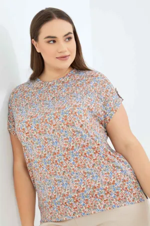 Women Peach Ditsy Floral Printed Drop Shoulder Top