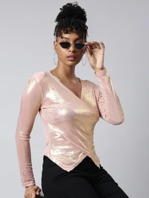 Women Peach Shimmer Wrap Top