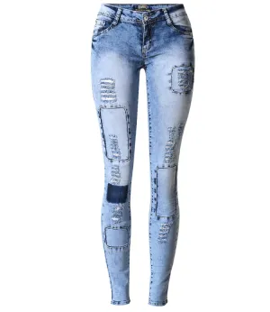 Women Pencil Jeans Low Waist Sky Blue Patchwork Skinny High Stretch Denim Jeans - WJN0022