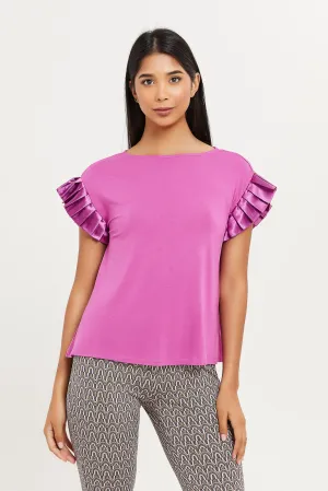 Women Purple Satin Frill Sleeved Top