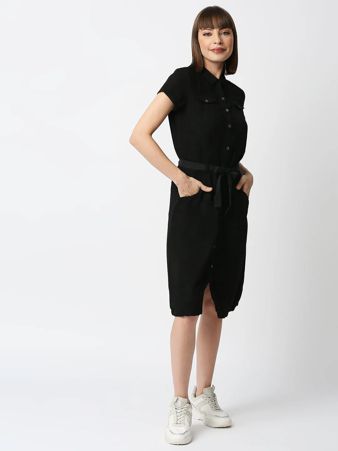 Women Slim Fit With Flap Pockets Shirt Dress