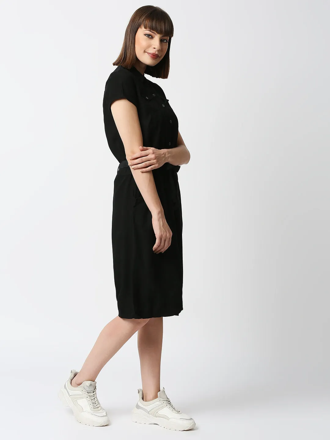Women Slim Fit With Flap Pockets Shirt Dress
