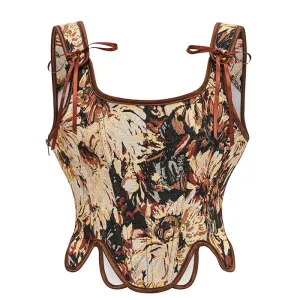 Women Vintage Floral Camisole Flower Embroidery Pattern Drawstring Corset