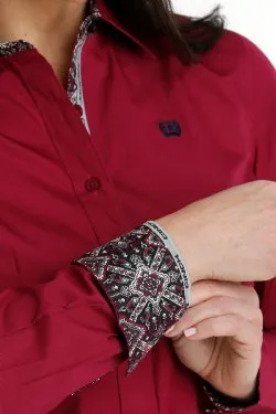WOMEN'S BUTTON-DOWN WESTERN SHIRT - BURGUNDY  -   MSW9165041