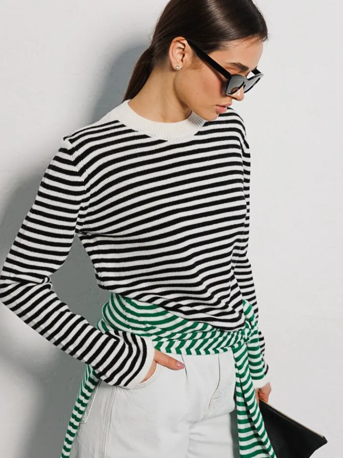 Women's Fashion Ribbed Color Block Striped Crew Neck Knit Sweater