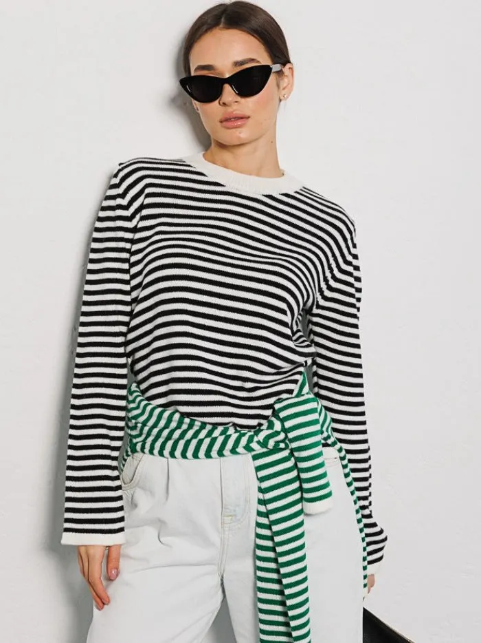 Women's Fashion Ribbed Color Block Striped Crew Neck Knit Sweater