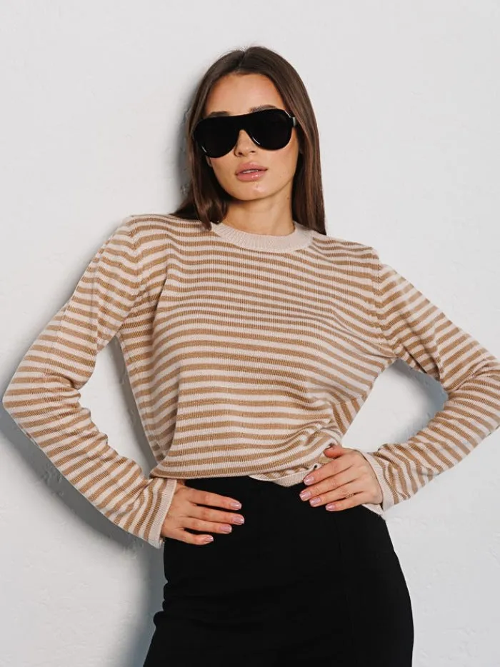 Women's Fashion Ribbed Color Block Striped Crew Neck Knit Sweater