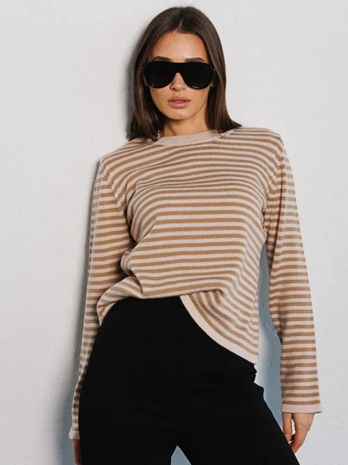 Women's Fashion Ribbed Color Block Striped Crew Neck Knit Sweater