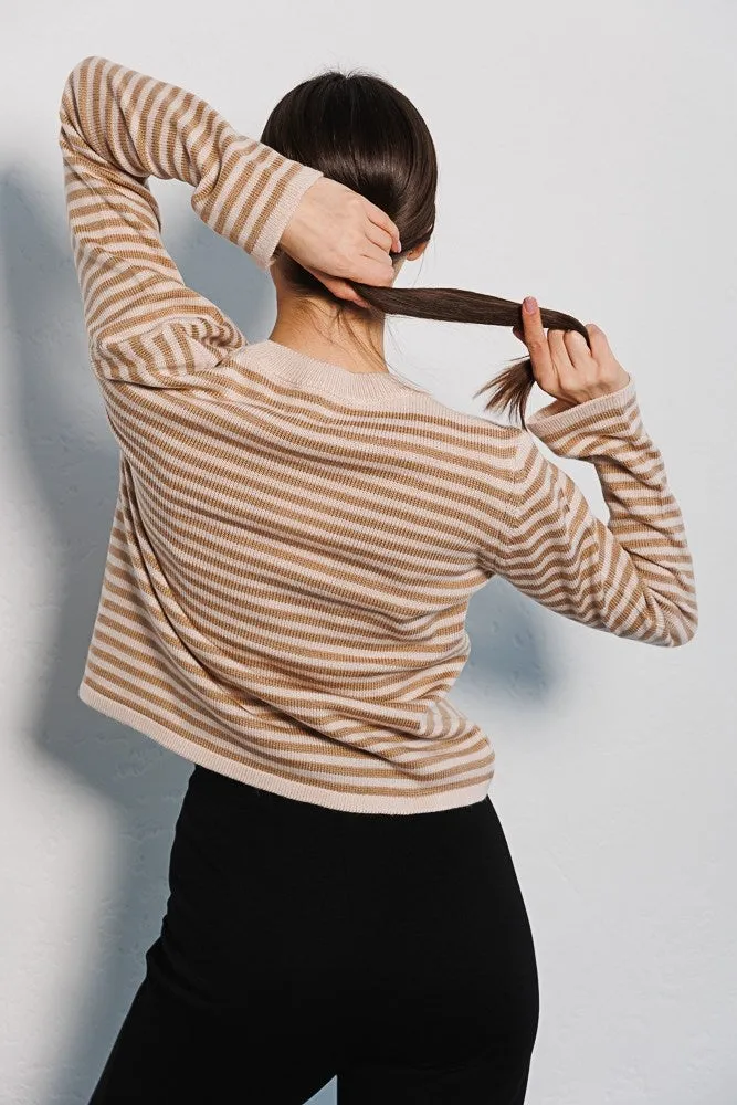Women's Fashion Ribbed Color Block Striped Crew Neck Knit Sweater