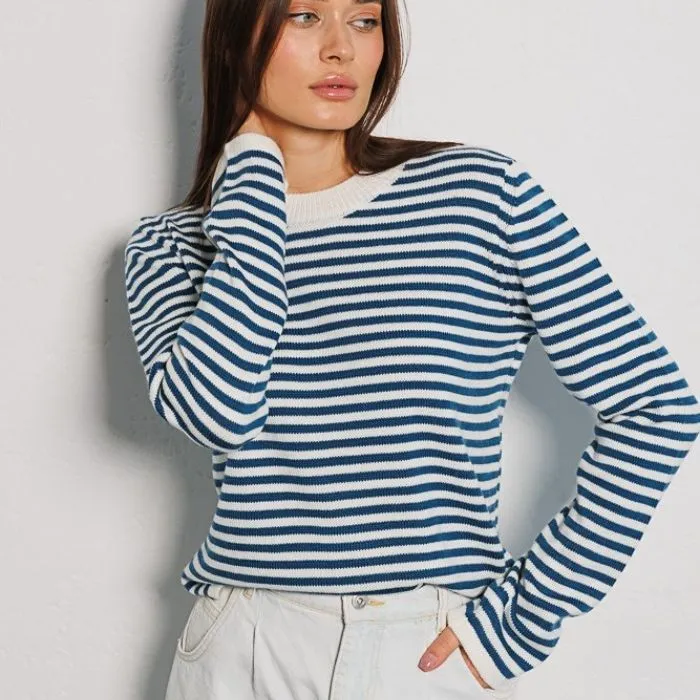 Women's Fashion Ribbed Color Block Striped Crew Neck Knit Sweater