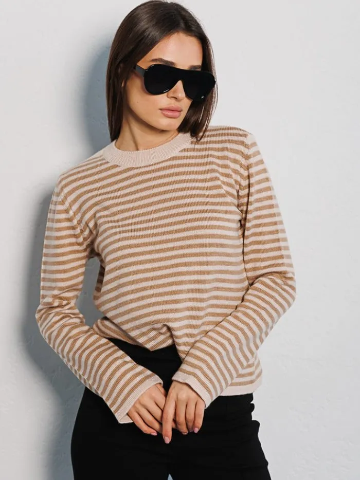 Women's Fashion Ribbed Color Block Striped Crew Neck Knit Sweater