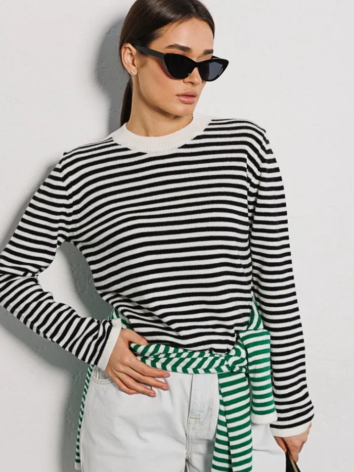 Women's Fashion Ribbed Color Block Striped Crew Neck Knit Sweater