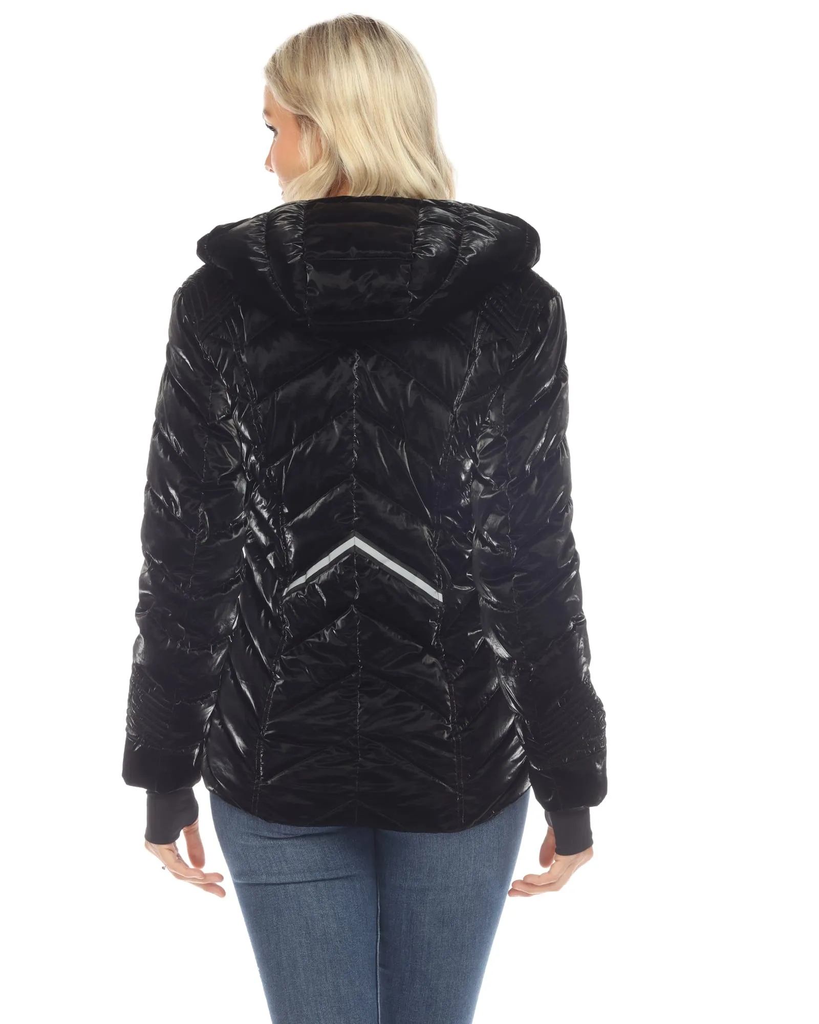 Women's Midweight Quilted Contrast With Thumbholes Hooded Jacket | Black
