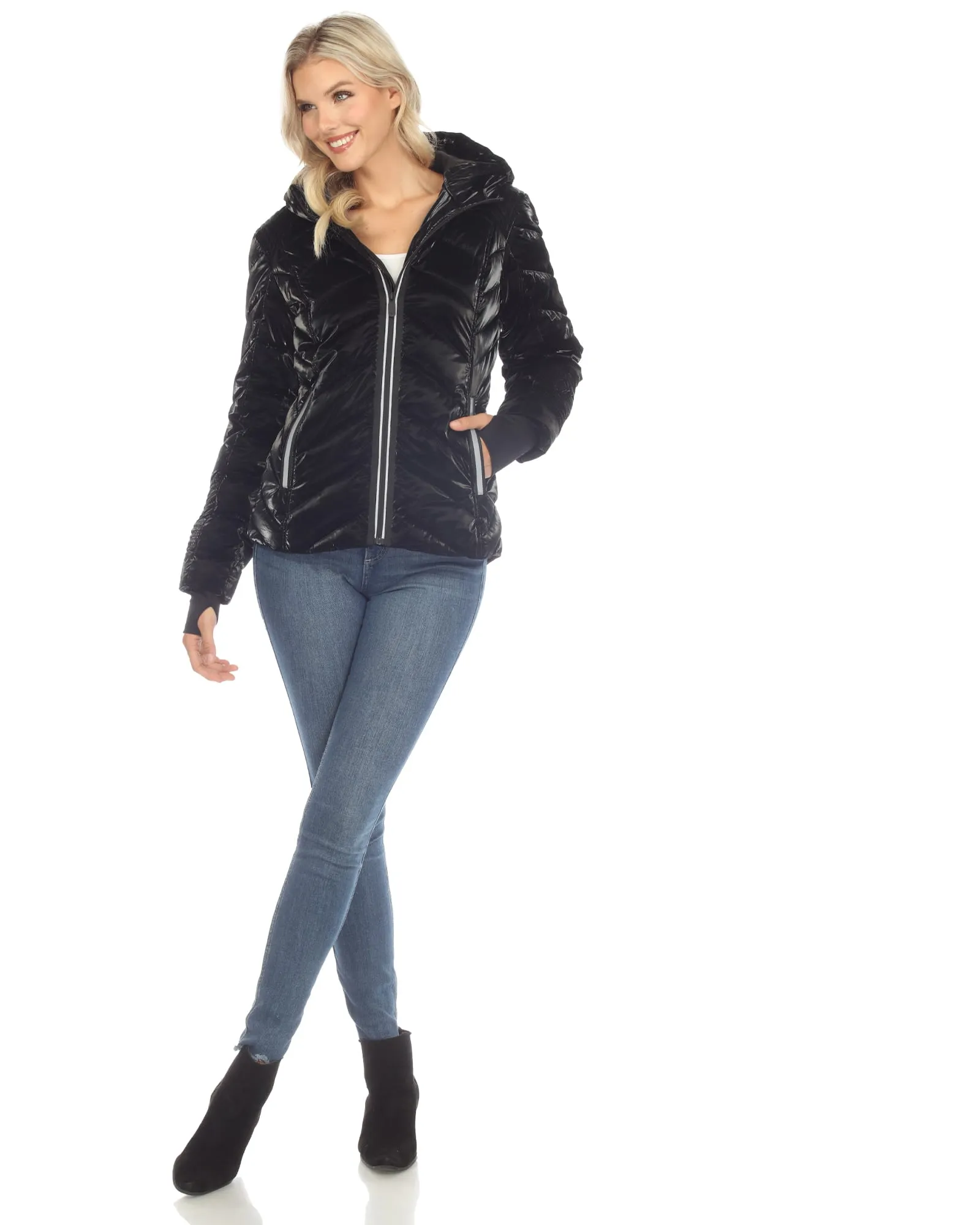 Women's Midweight Quilted Contrast With Thumbholes Hooded Jacket | Black