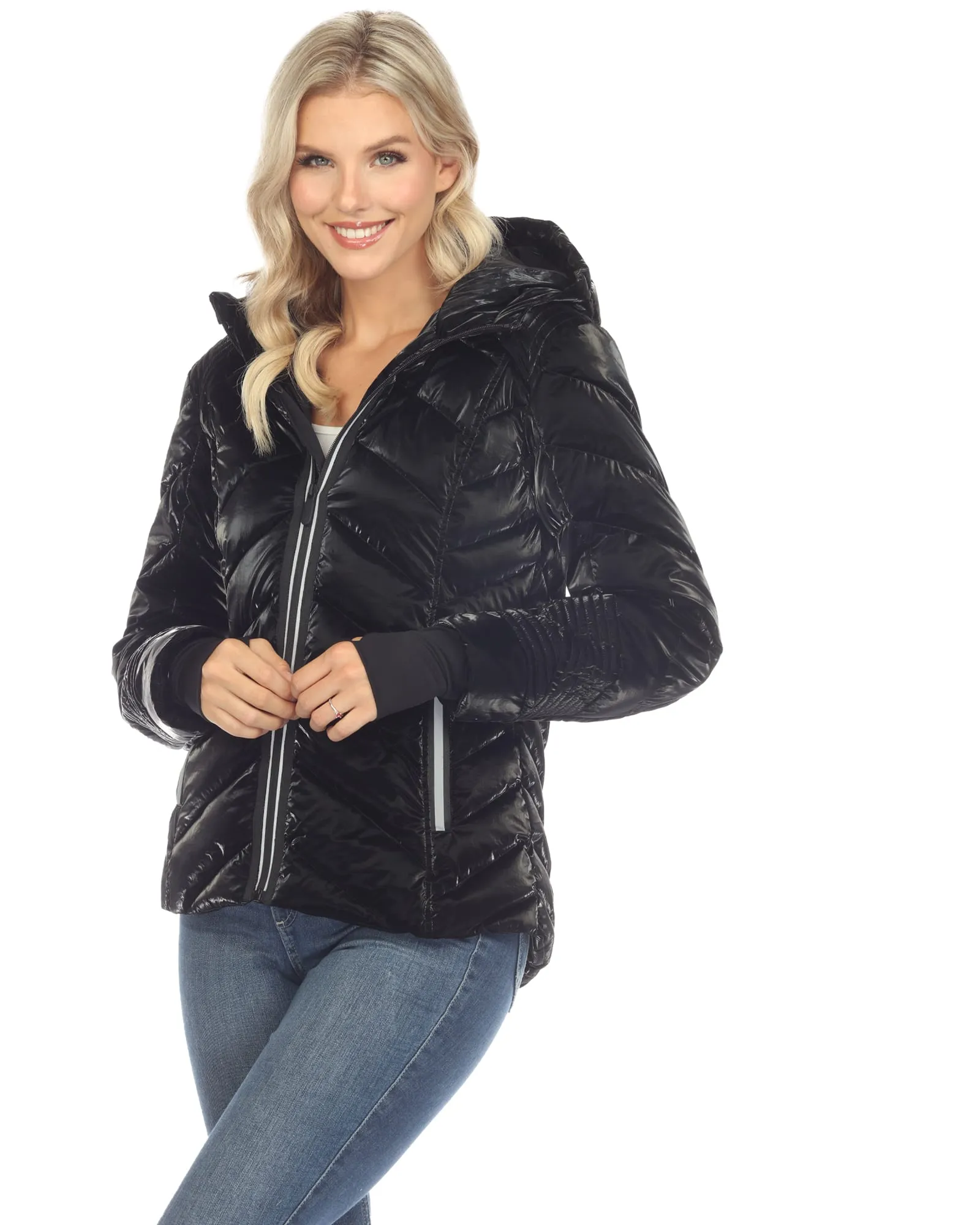 Women's Midweight Quilted Contrast With Thumbholes Hooded Jacket | Black