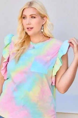 Women's Plus Size Round Neck Ruffle Sleeve Front Pocket Tie Dye Knit Top