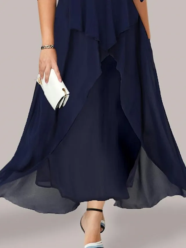 Women's Plus Size Work Dress Chiffon Dress Swing Dress Solid Color Long Dress Maxi Dress Half Sleeve Layered V Neck Fashion Office Dark Blue Summer Spring L XL XXL 3XL 4XL