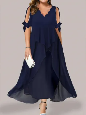 Women's Plus Size Work Dress Chiffon Dress Swing Dress Solid Color Long Dress Maxi Dress Half Sleeve Layered V Neck Fashion Office Dark Blue Summer Spring L XL XXL 3XL 4XL