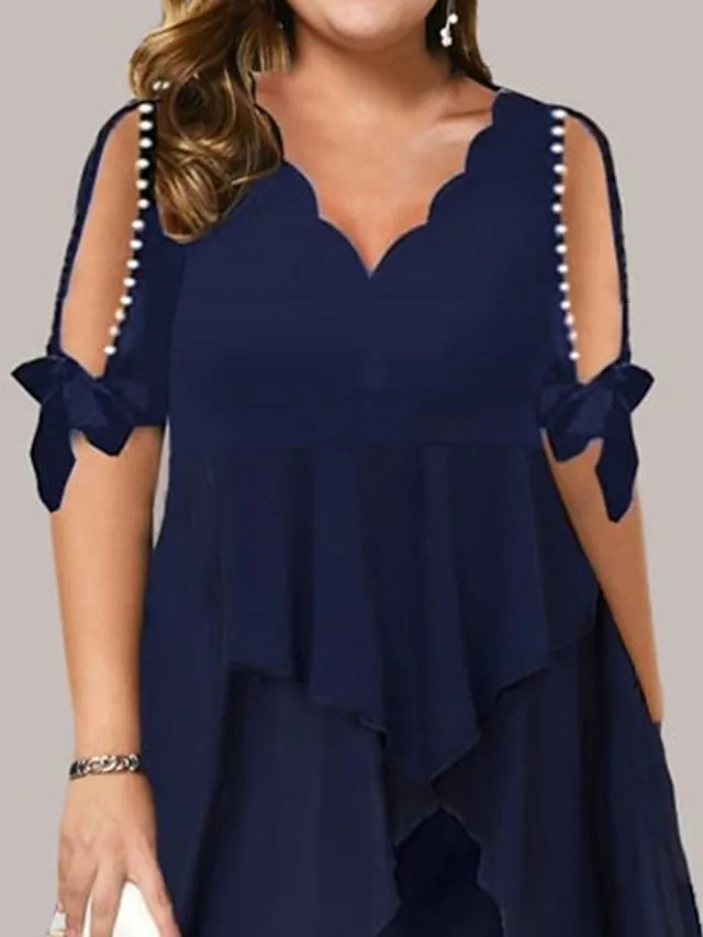 Women's Plus Size Work Dress Chiffon Dress Swing Dress Solid Color Long Dress Maxi Dress Half Sleeve Layered V Neck Fashion Office Dark Blue Summer Spring L XL XXL 3XL 4XL
