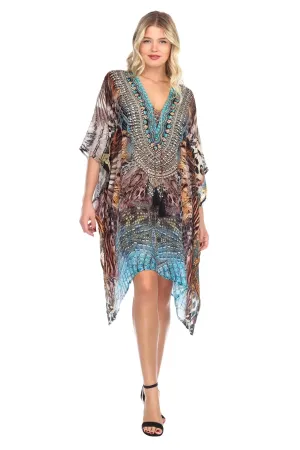 Women's Viscose Silk Caftans Poncho Cover up V Neck Top Lace up