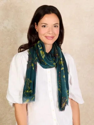 Wool Silk Ladies Scarf Teal Autumn Floral