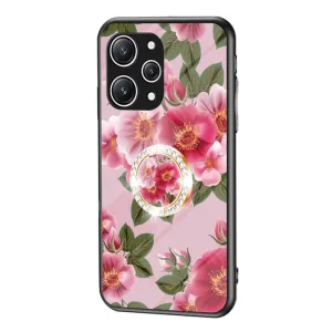 Xiaomi Redmi 12 (4G) Plastik Cover m. Glasbagside & Fingerring - Blomster Print - Lyserød