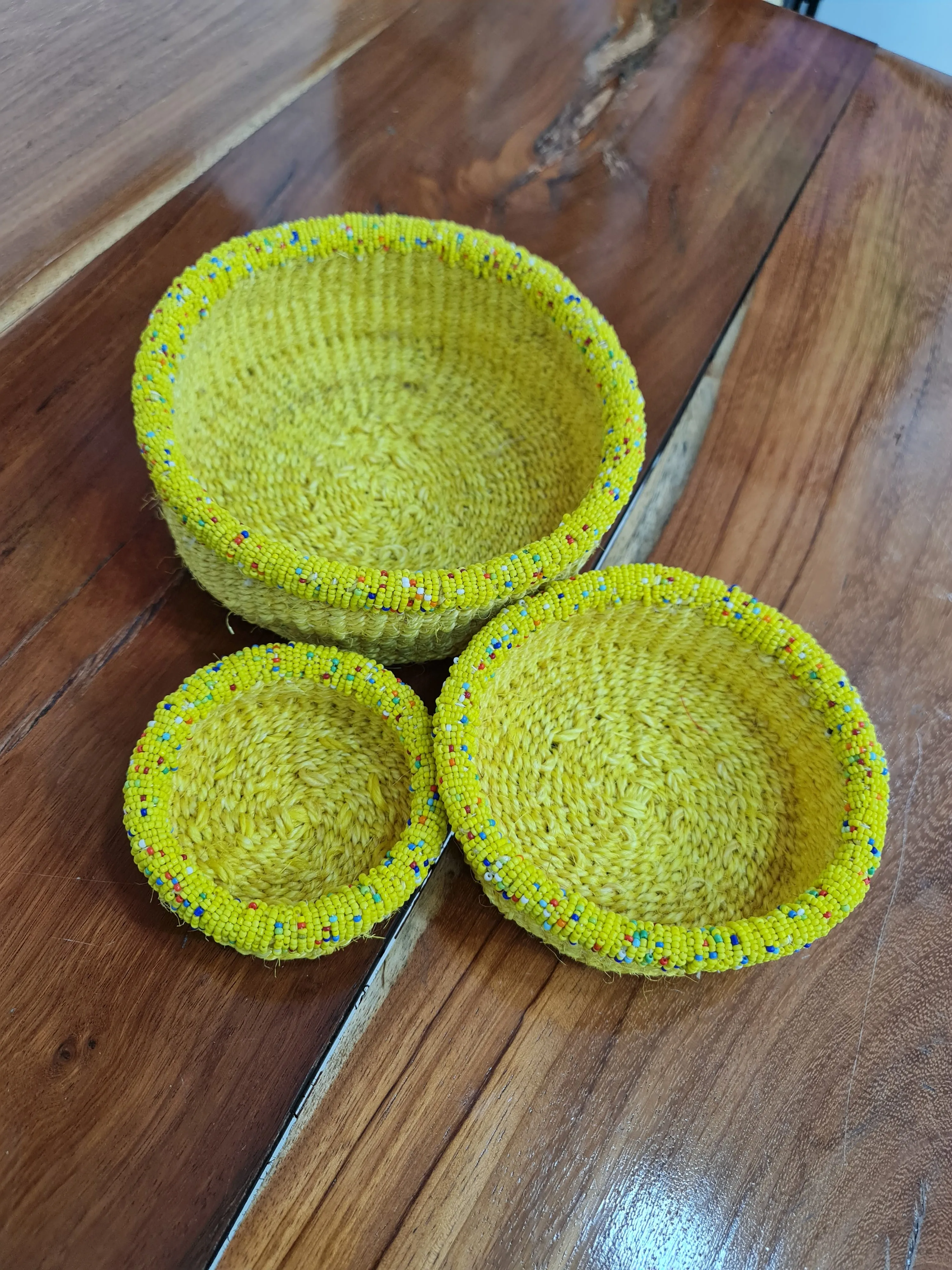 Yellow Beaded Rim Basket Set