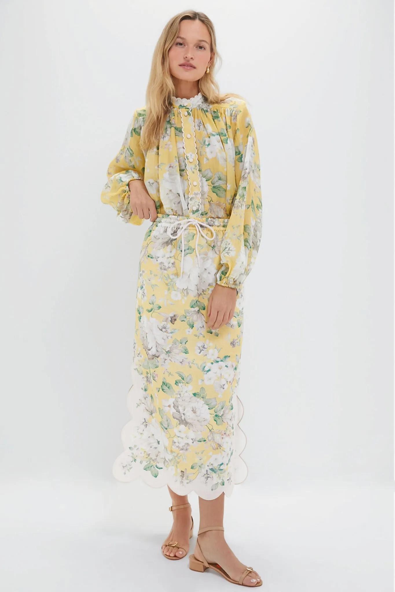 Yellow Floral Acacia Scallop Midi Skirt