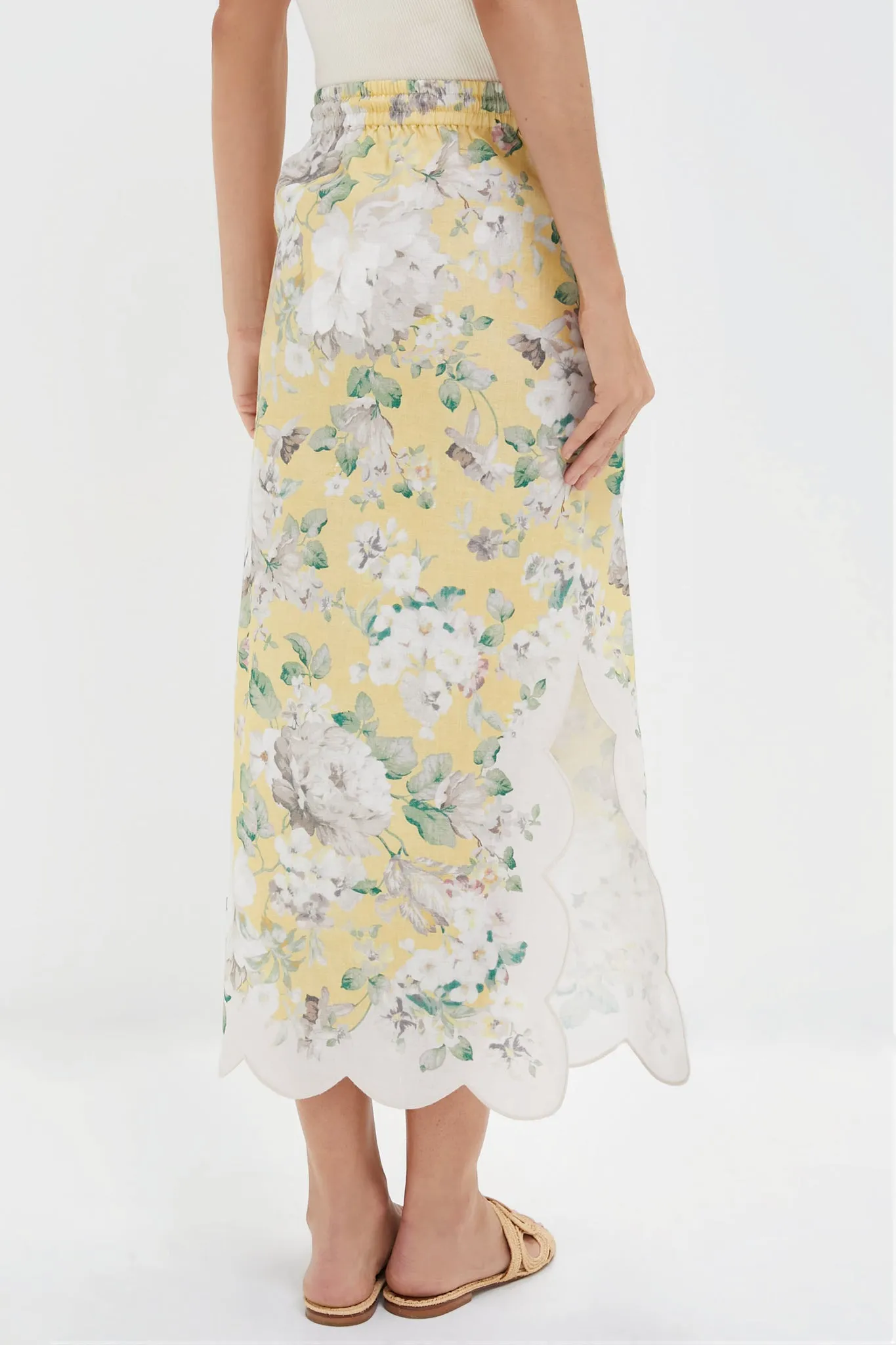 Yellow Floral Acacia Scallop Midi Skirt